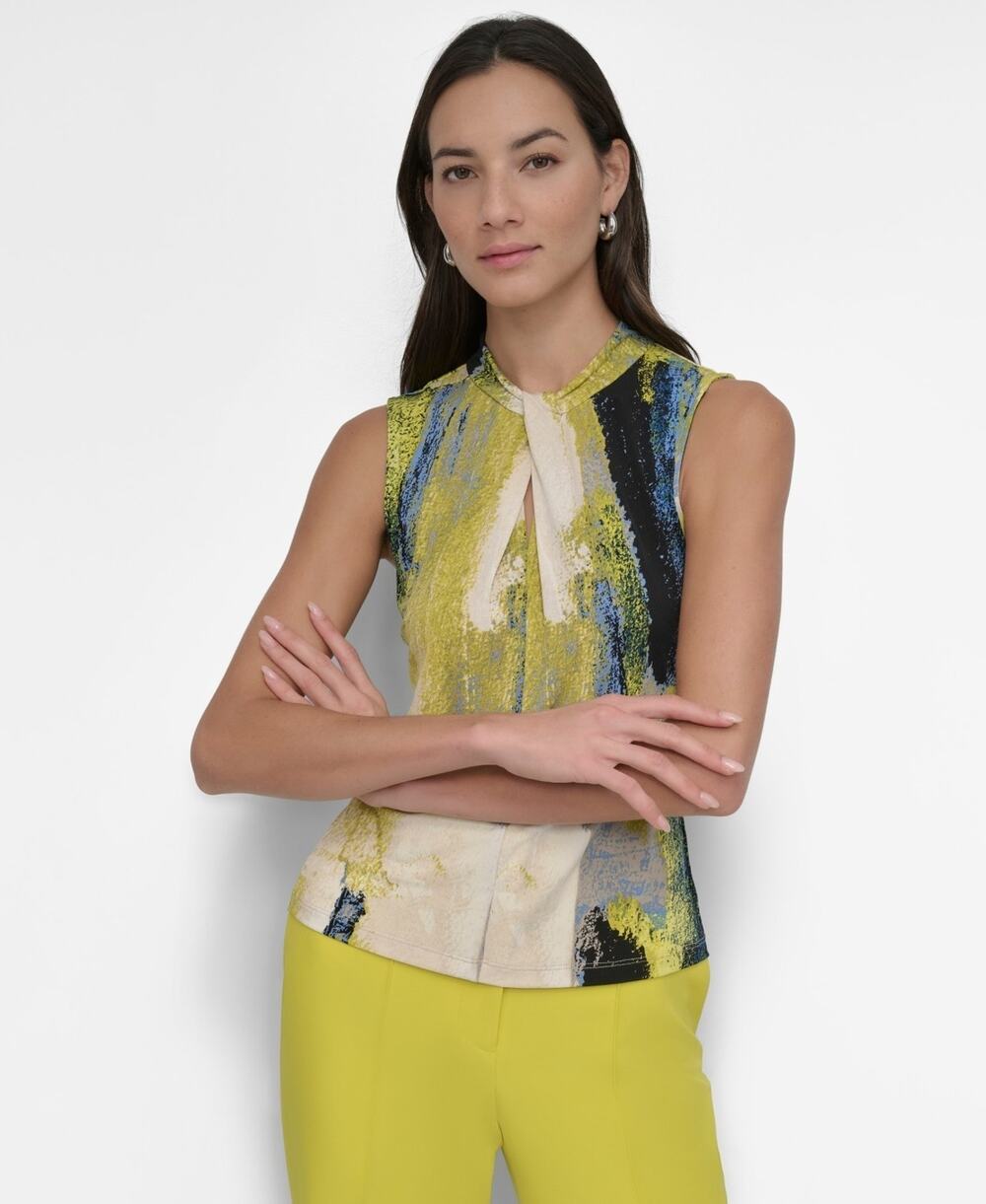 DKNY Petite Printed Twisted Crewneck Keyhole Sleeveless Top Multi Size PXL 3337